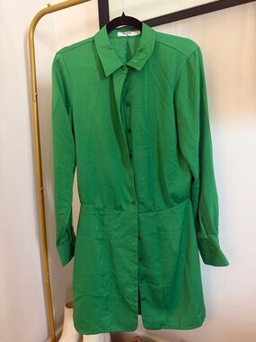 NA-KD Emerald Green Long Sleeve Button-Front Dress